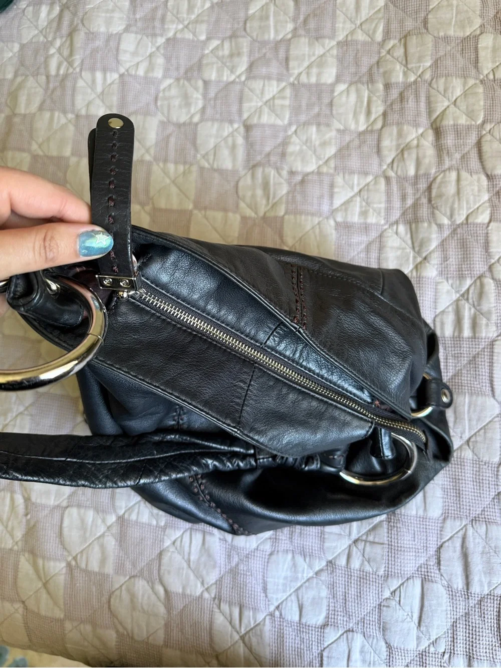 b. makowsky Black Leather Hobo Bag with Braided Stitch Detail